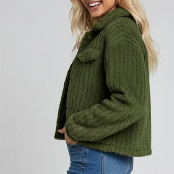 Teddy Front Button Long Sleeve Jacket Green - Picture 3 of 5